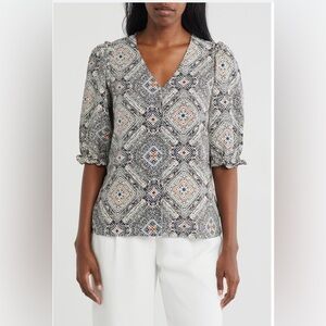 Bobeau Designer Geometric Patterned V-Neck Blouse Women’s Size Medium